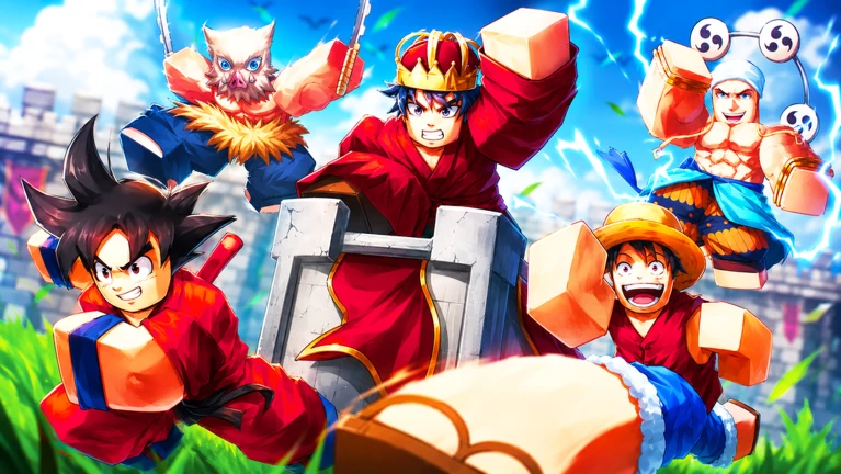 A group of anime-inspired Roblox characters charging across a grassy field in front of a castle wall, including a king in a red robe and a gold crown