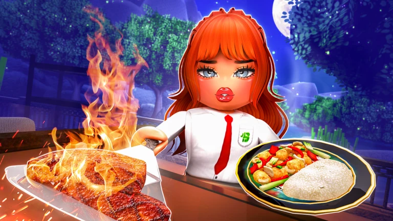 A character with long orange hair in a white uniform with a red tie, holding a plate of stir fry and rice, with a steak sizzling behind her at night