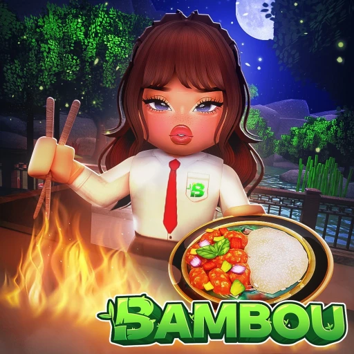 Bambou Restaurant icon: a waitress character in a white uniform with a red tie holding a plate of food above the Bambou logo
