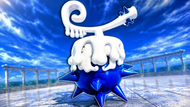 A white and blue spiky devil fruit on a stone terrace under a blue sky