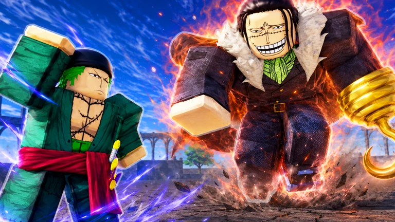 A green-haired swordsman and a man in a fur-collared coat with a gold hook for a hand charging forward in front of an arena
