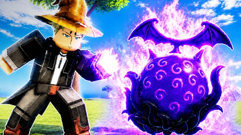 A character in a dark coat and brown hat standing next to a swirling purple fruit with bat-like wings