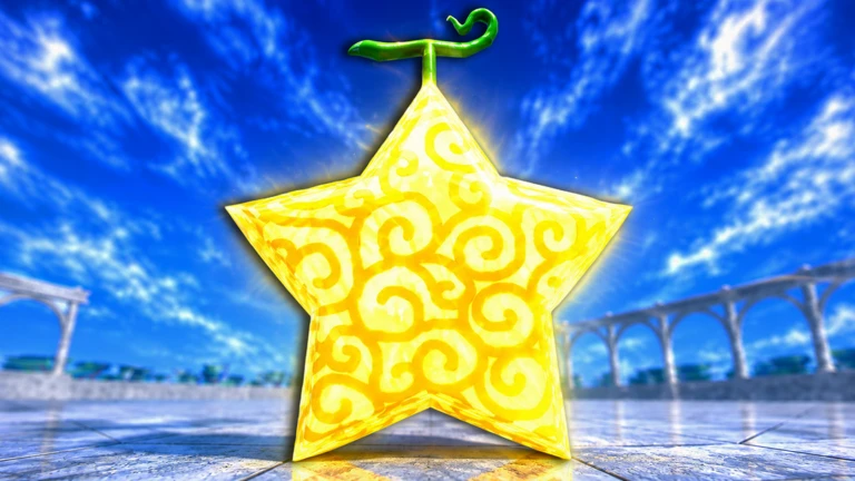 A yellow star-shaped devil fruit with a green stem on a stone terrace