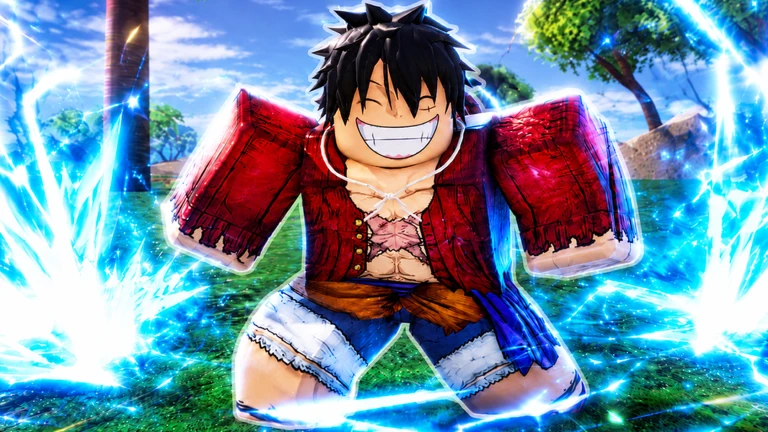 A grinning character in a red vest and blue shorts surrounded by blue lightning on a grassy field