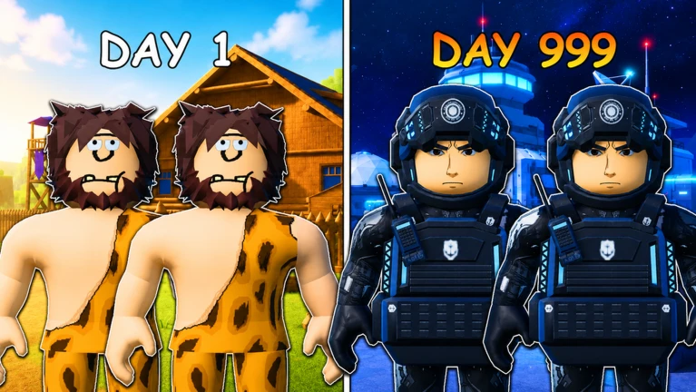 Two caveman characters on the left labeled Day 1 and two armored futuristic characters on the right labeled Day 999