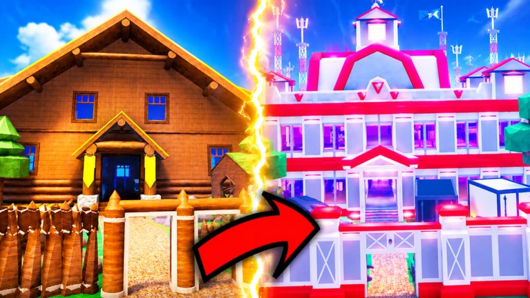 A wooden Caveman Era base on the left and a glowing futuristic base on the right with a red arrow between them