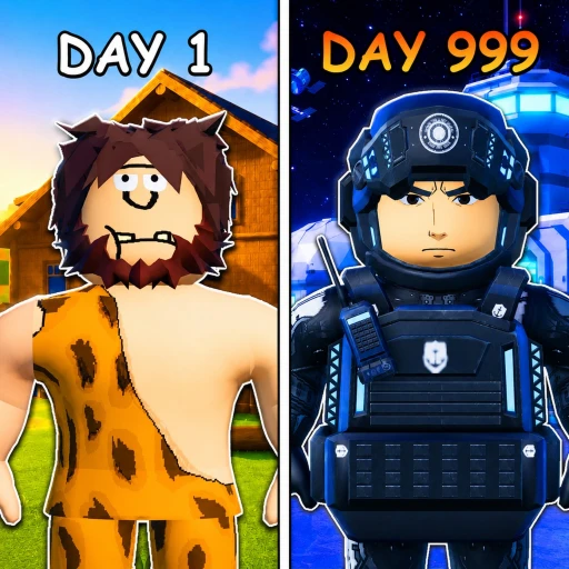 2 PLAYER Evolution Tycoon icon: a caveman character labeled Day 1 beside an armored futuristic character labeled Day 999