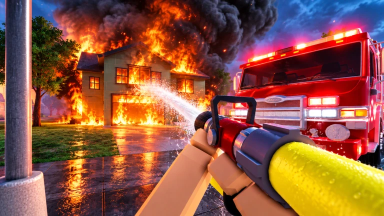 A firefighter's first-person view of a hose spraying water at a burning house, with a red fire truck parked beside it