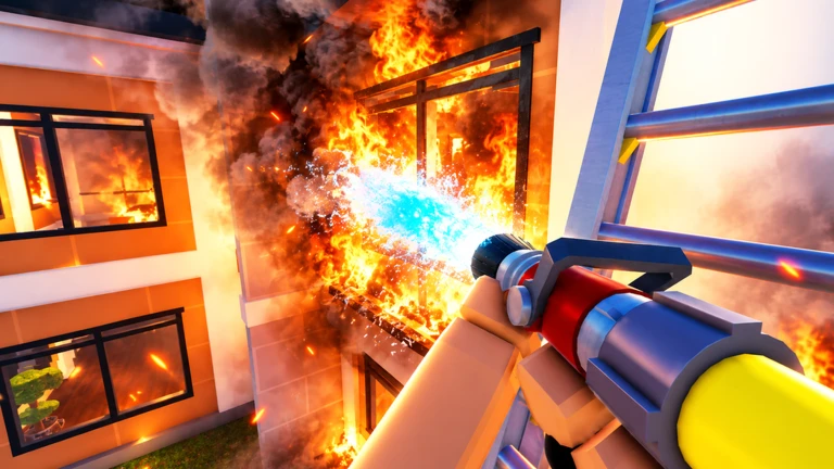 First-person view of a hose spraying water into a burning window next to a raised ladder