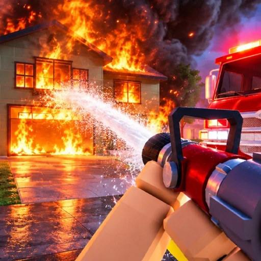 Firefighting Sim icon: a hose spraying water at a burning house, seen from the firefighter's point of view