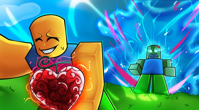 A smiling Roblox character holding a red swirled devil fruit while another character stands in a burst of blue energy