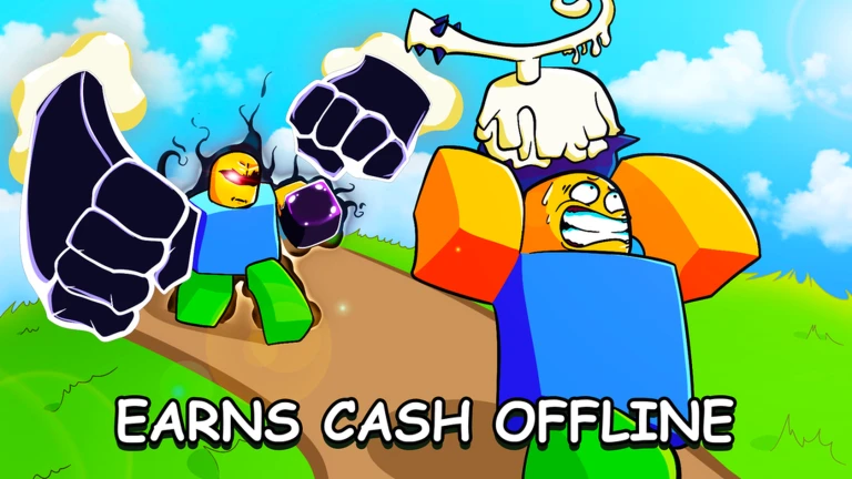Two Roblox characters on a grassy hill, one with giant dark fists, above the words Earns Cash Offline