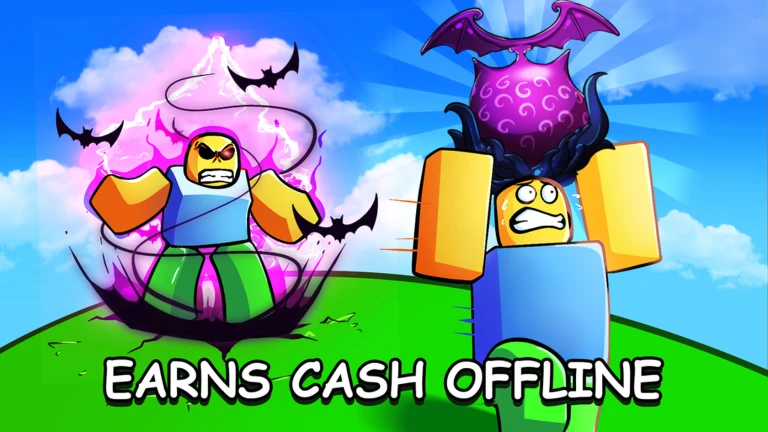 A Roblox character wrapped in purple energy and bats with a dark fruit floating overhead, above the words Earns Cash Offline