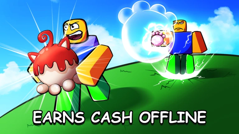 A Roblox character holding a red cat-eared fruit next to another character with a glowing white orb, above the words Earns Cash Offline